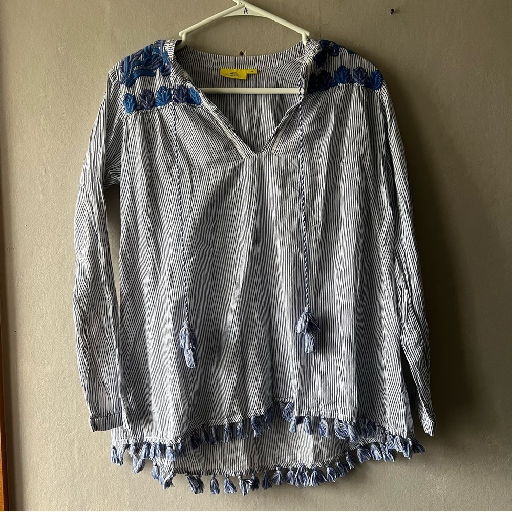 Roller Rabbit Navy Pinstripe Embroidered Long Sleeve Blouse Size XS
